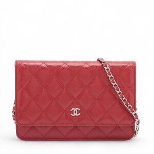 Chanel CC Logo Matelasse Caviar Skin Chain Wallet Red